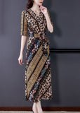 Momentlover Slim Fit V Neck Cinched Print Chiffon Long Dress Summer LY1695