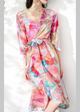 Momentlover Slim Fit V Neck Print Tie Waist Silk Maxi Dresses Long Sleeve LY1574