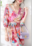 Momentlover Slim Fit V Neck Print Tie Waist Silk Maxi Dresses Long Sleeve LY1574