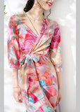 Momentlover Slim Fit V Neck Print Tie Waist Silk Maxi Dresses Long Sleeve LY1574