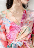 Momentlover Slim Fit V Neck Print Tie Waist Silk Maxi Dresses Long Sleeve LY1574