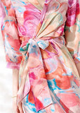 Momentlover Slim Fit V Neck Print Tie Waist Silk Maxi Dresses Long Sleeve LY1574