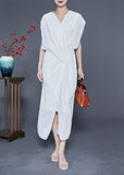 Momentlover Slim Fit White V Neck Asymmetrical Cross Chiffon Holiday Dress Summer LY1774
