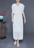 Momentlover Slim Fit White V Neck Asymmetrical Cross Chiffon Holiday Dress Summer LY1774