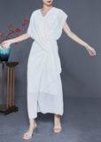 Momentlover Slim Fit White V Neck Asymmetrical Cross Chiffon Holiday Dress Summer LY1774