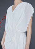 Momentlover Slim Fit White V Neck Asymmetrical Cross Chiffon Holiday Dress Summer LY1774