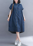 Momentlover Style Blue Oversized Pocket Cotton Denim Shirt Dress Short Sleeve LY1569
