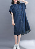 Momentlover Style Blue Oversized Pocket Cotton Denim Shirt Dress Short Sleeve LY1569