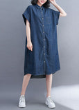 Momentlover Style Blue Oversized Pocket Cotton Denim Shirt Dress Short Sleeve LY1569