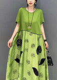 Momentlover Style Green O-Neck Patchwork Floral Cotton Long Dress Summer LY1574