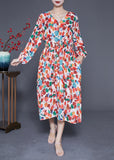 Momentlover Style Orange V Neck Tie Waist Print Chiffon Maxi Dresses Spring LY1956
