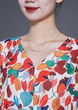 Momentlover Style Orange V Neck Tie Waist Print Chiffon Maxi Dresses Spring LY1956