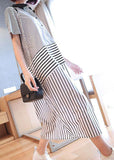 Momentlover Stylish Black Peter Pan Collar Patchwork Striped Cotton Shirt Dress Summer LY1416