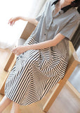 Momentlover Stylish Black Peter Pan Collar Patchwork Striped Cotton Shirt Dress Summer LY1416