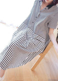 Momentlover Stylish Black Peter Pan Collar Patchwork Striped Cotton Shirt Dress Summer LY1416