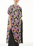 Momentlover Stylish Black Stand Collar Print Patchwork Cotton Dresses Summer LY1246