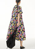 Momentlover Stylish Black Stand Collar Print Patchwork Cotton Dresses Summer LY1246
