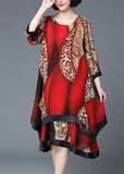Momentlover Stylish Red O-Neck Asymmetrical Print Patchwork Layered Maxi Dress Spring LY1764