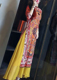 Momentlover Stylish Yellow Print Patchwork Side Open Silk Dress Spring LY1676
