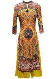Momentlover Stylish Yellow Print Patchwork Side Open Silk Dress Spring LY1676