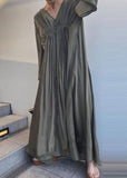 Momentlover Unique Army Green Cinched Patchwork Cotton Long Dresses Flare Sleeve LY1712