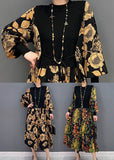 Momentlover Unique Khaki Print Knit Patchwork Chiffon Dresses Lantern Sleeve LY1596