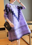 Momentlover Unique Purple Stand Collar Print Party Dress Half Sleeve LY1459