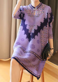 Momentlover Unique Purple Stand Collar Print Party Dress Half Sleeve LY1459