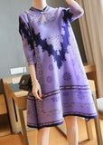 Momentlover Unique Purple Stand Collar Print Party Dress Half Sleeve LY1459