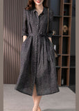 Momentlover Vintage Black Peter Pan Collar Print Button Tie Waist Linen Long Shirts Dress Long Sleeve LY1772