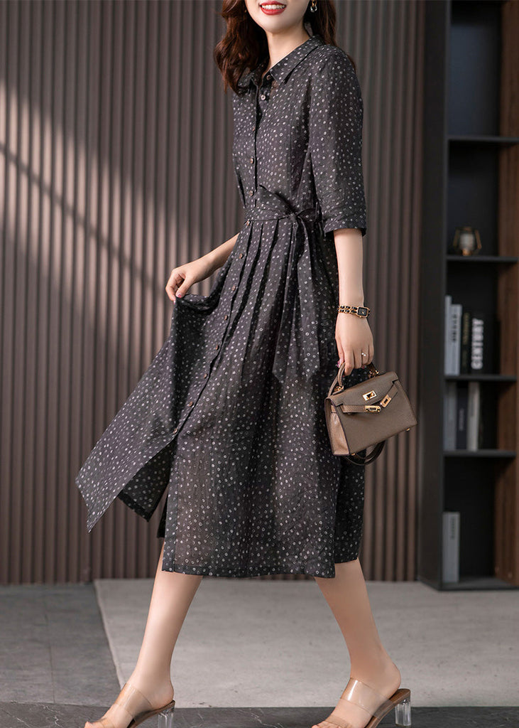 Momentlover Vintage Black Peter Pan Collar Print Button Tie Waist Linen Long Shirts Dress Long Sleeve LY1772