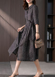 Momentlover Vintage Black Peter Pan Collar Print Button Tie Waist Linen Long Shirts Dress Long Sleeve LY1772
