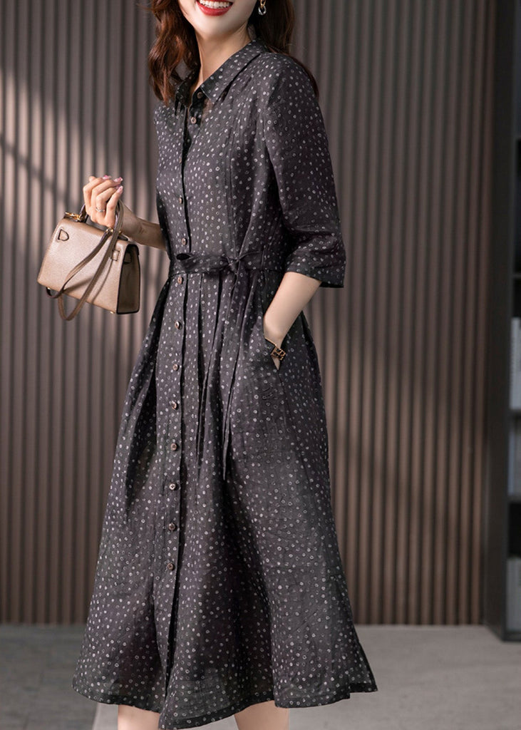 Momentlover Vintage Black Peter Pan Collar Print Button Tie Waist Linen Long Shirts Dress Long Sleeve LY1772