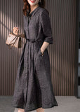 Momentlover Vintage Black Peter Pan Collar Print Button Tie Waist Linen Long Shirts Dress Long Sleeve LY1772