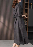 Momentlover Vintage Black Peter Pan Collar Print Button Tie Waist Linen Long Shirts Dress Long Sleeve LY1772