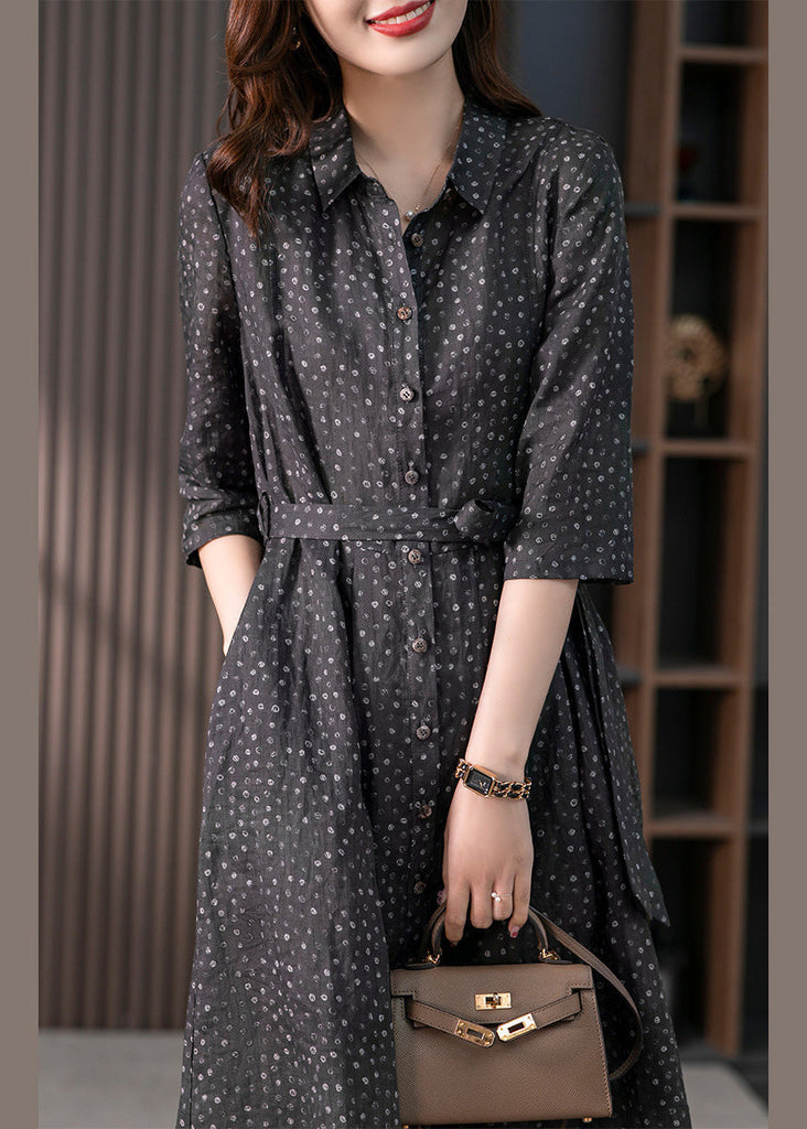 Momentlover Vintage Black Peter Pan Collar Print Button Tie Waist Linen Long Shirts Dress Long Sleeve LY1772