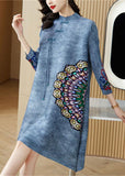 Momentlover Vintage Blue Mandarin Collar Print Oriental A Line Dress  Spring LY1466