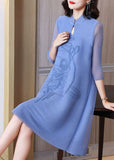 Momentlover Vintage Blue Stand Collar Jacquard Wrinkled Mid Dress Bracelet Sleeve LY1461