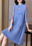 Momentlover Vintage Blue Stand Collar Jacquard Wrinkled Mid Dress Bracelet Sleeve LY1461