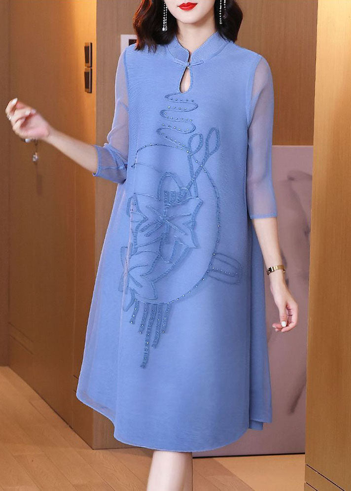 Momentlover Vintage Blue Stand Collar Jacquard Wrinkled Mid Dress Bracelet Sleeve LY1461