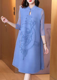 Momentlover Vintage Blue Stand Collar Jacquard Wrinkled Mid Dress Bracelet Sleeve LY1461