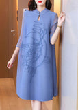 Momentlover Vintage Blue Stand Collar Jacquard Wrinkled Mid Dress Bracelet Sleeve LY1461