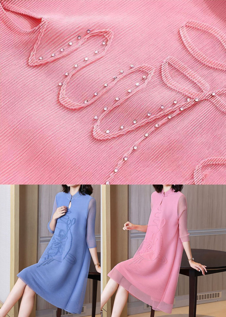 Momentlover Vintage Blue Stand Collar Jacquard Wrinkled Mid Dress Bracelet Sleeve LY1461