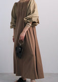 Momentlover Vintage Coffee O Neck Patchwork Cotton Dress Lantern Sleeve LY1745