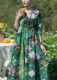 Momentlover Vintage Green V Neck Print Elastic Waist Maxi Dresses Spring LY1779