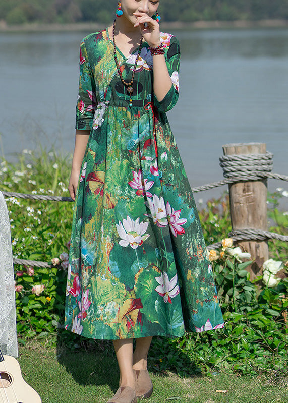 Momentlover Vintage Green V Neck Print Elastic Waist Maxi Dresses Spring LY1779