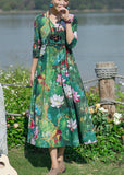 Momentlover Vintage Green V Neck Print Elastic Waist Maxi Dresses Spring LY1779