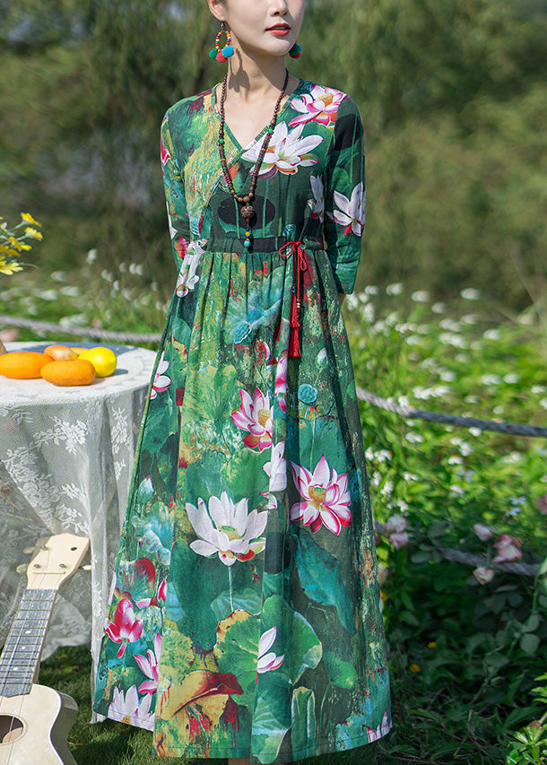 Momentlover Vintage Green V Neck Print Elastic Waist Maxi Dresses Spring LY1779