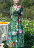Momentlover Vintage Green V Neck Print Elastic Waist Maxi Dresses Spring LY1779