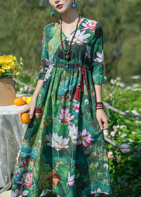 Momentlover Vintage Green V Neck Print Elastic Waist Maxi Dresses Spring LY1779